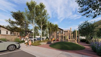 A rendering of a street with people walking on the sidewalk and a playground in the background